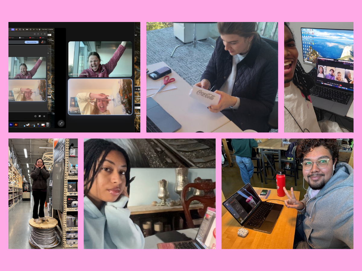 A collage showing Miami Ad School students on video calls and in planning sessions across Miami, New York, and Online campuses.